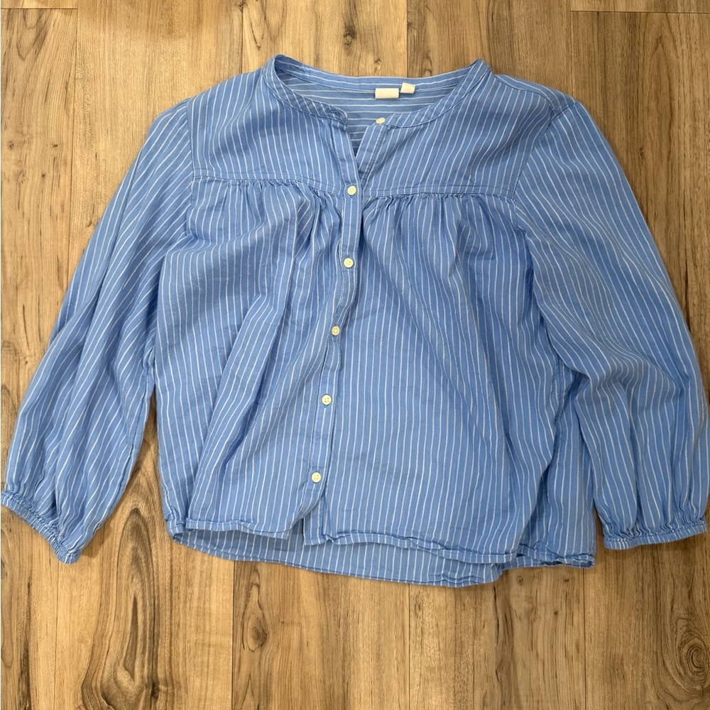 GAP Women's Blue and White Striped Button Down Shirt
